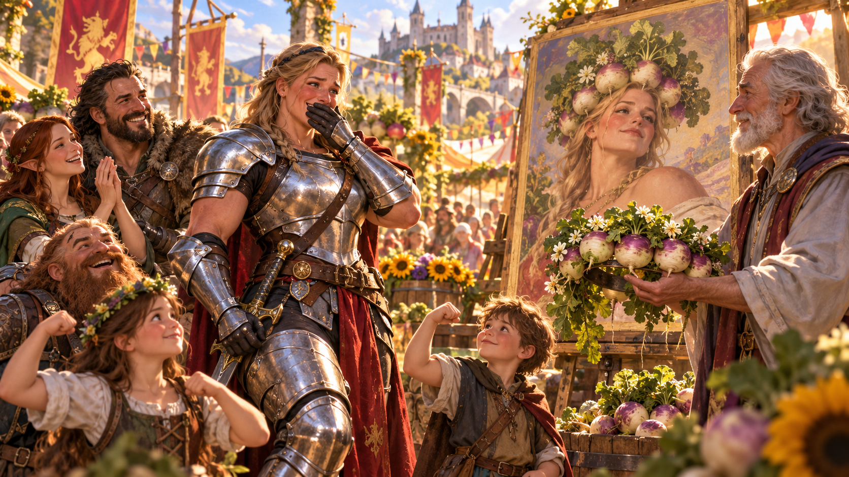 Fantasy illustration of a blonde armoured character reacting beside a turnip-crown portrait with an older man, companions and children at a festival