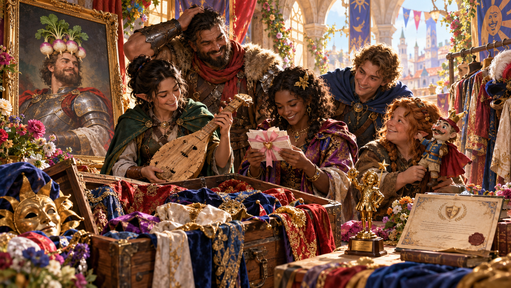 Fantasy illustration of companions sharing a lute, ribbon-tied letters, puppet, costumes and a turnip-crown portrait