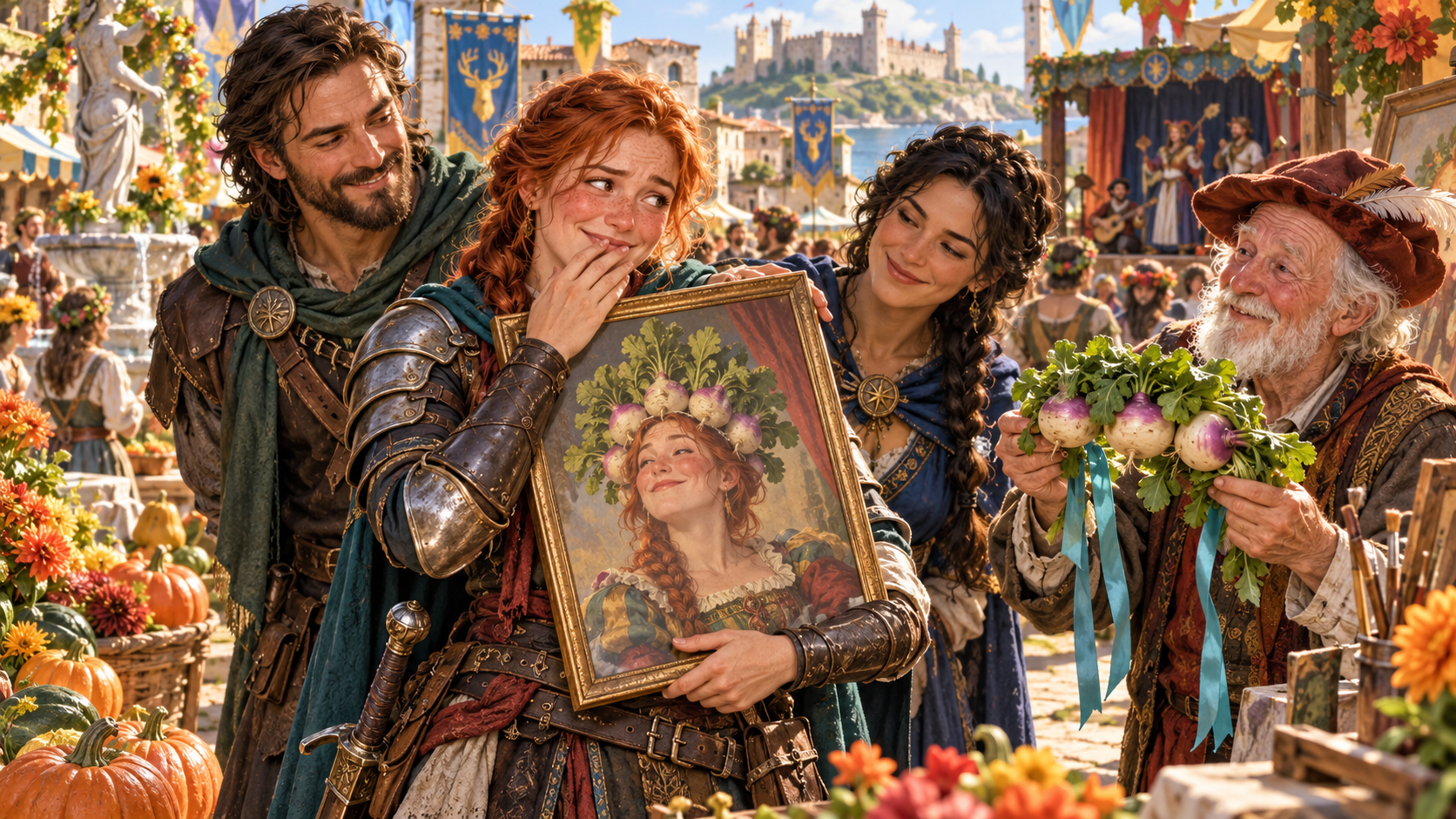 Fantasy illustration of an armoured red-haired character holding a turnip-crown portrait beside smiling companions and an older festival-goer