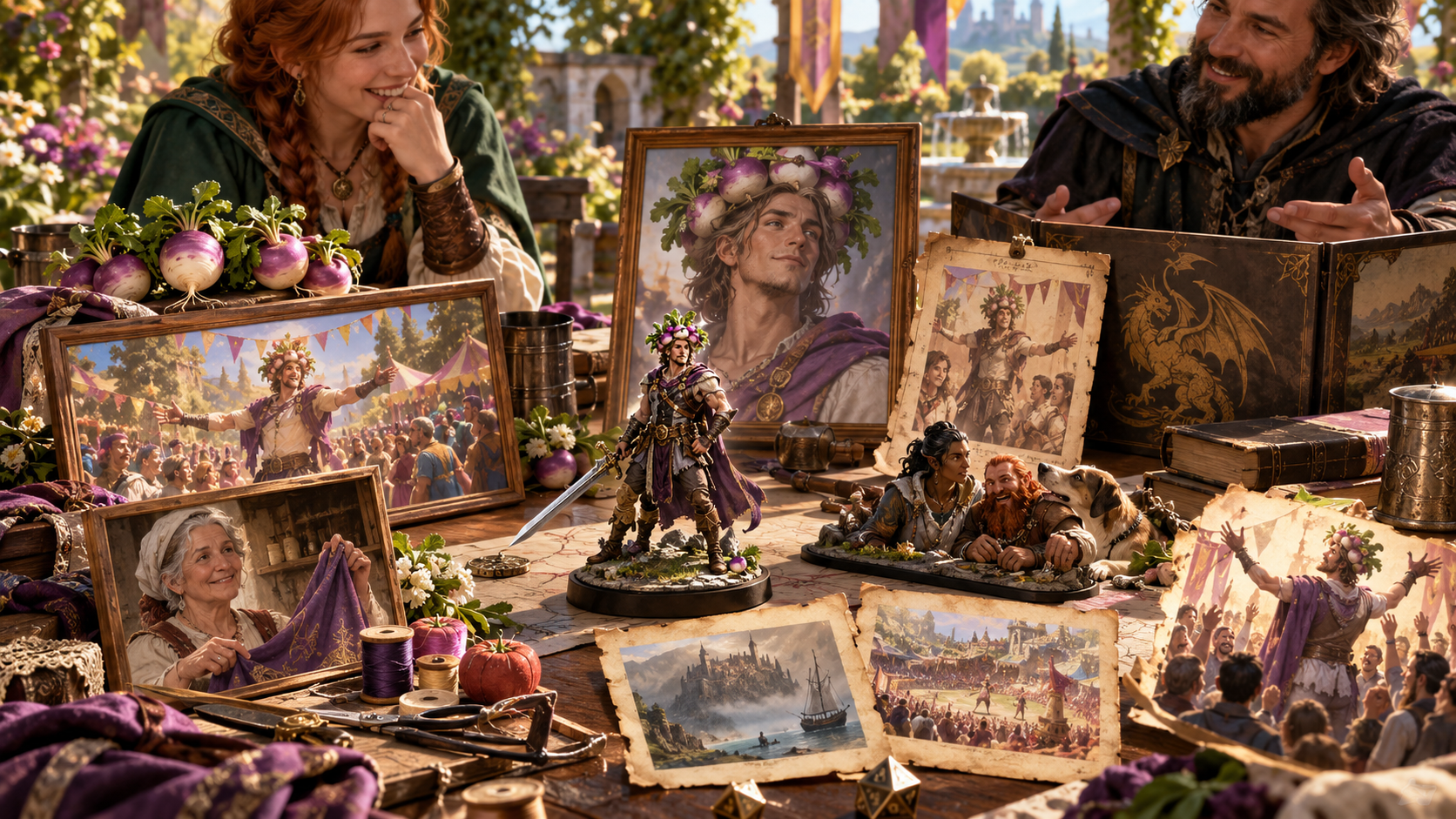 Fantasy illustration of portraits, festival pictures, miniatures, turnips, thread and notes beside a Dungeon Master screen